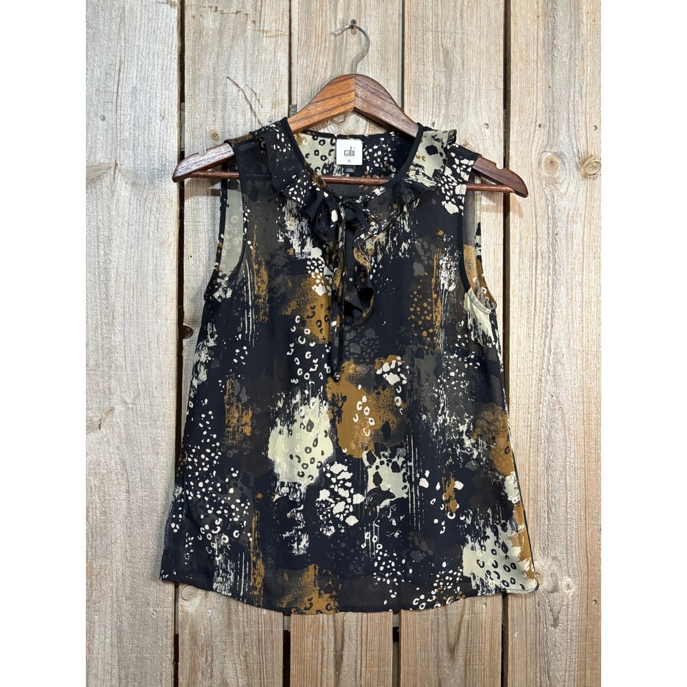 Cabi 4185 Abstract Animal Print‎ Tie Neck Ruffle Sleeveless Blouse Black XS